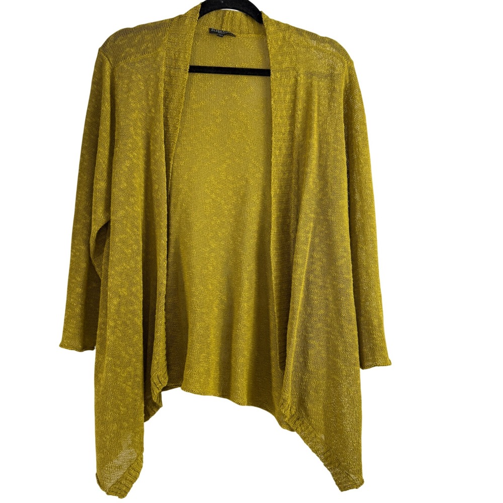 Eileen Fisher Mustard Linen Blend 3/4 Sleeve Open-Front Cardigan Women